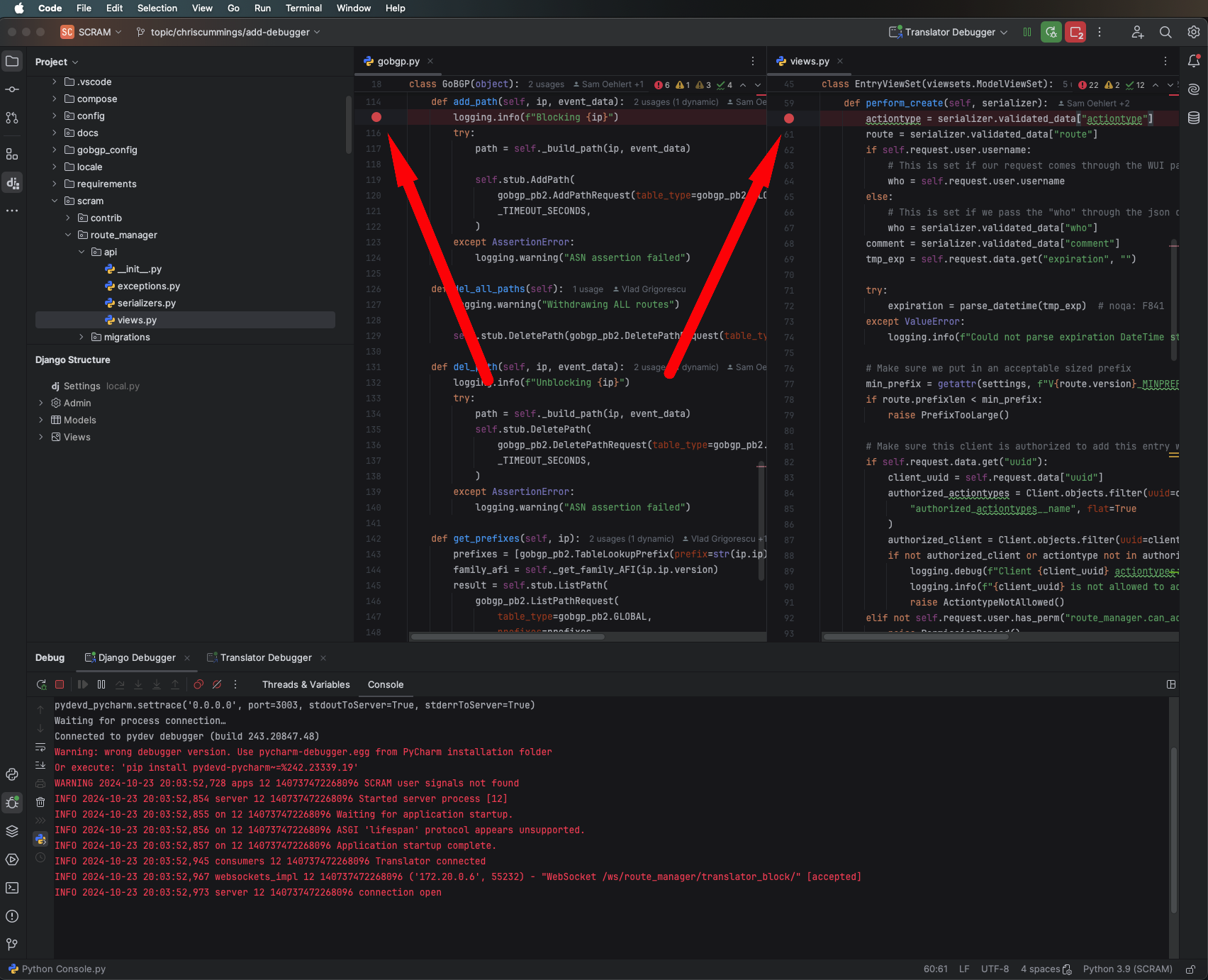 Screenshot of image showing PyCharm IDE and debugger with two breakpoints set.
