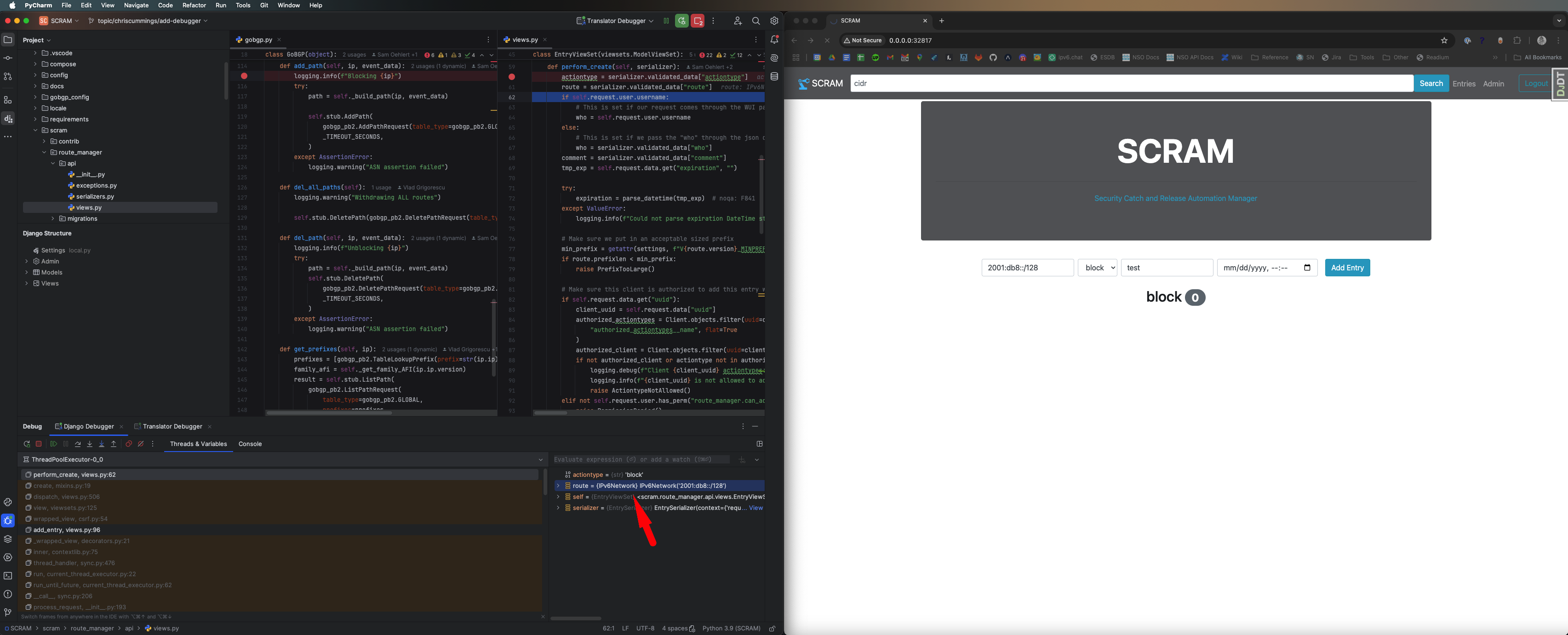Screenshot of PyCharm showing the route entry provided to the API EntryViewSet