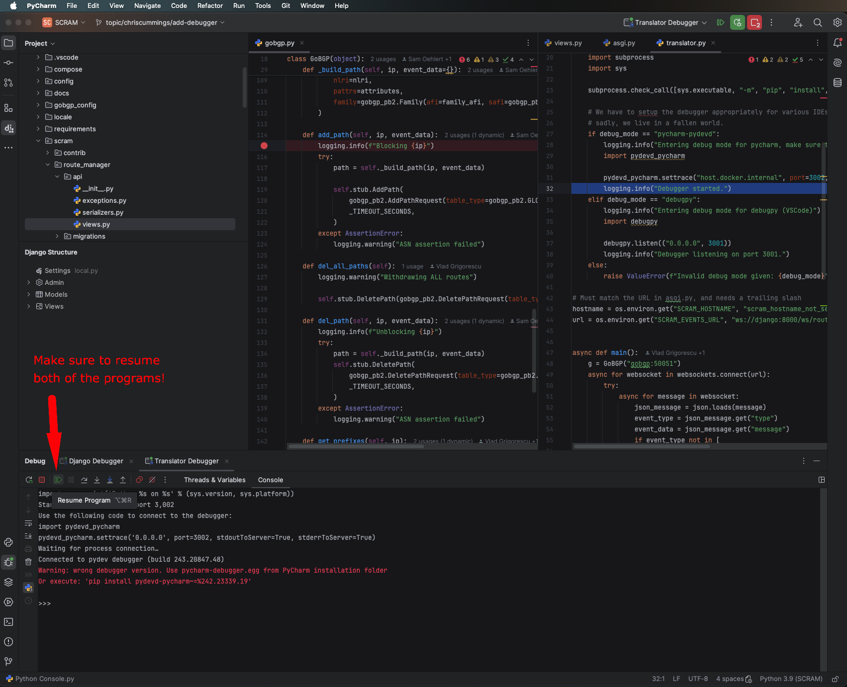 Image showing how to resume the debugger once it initially connects