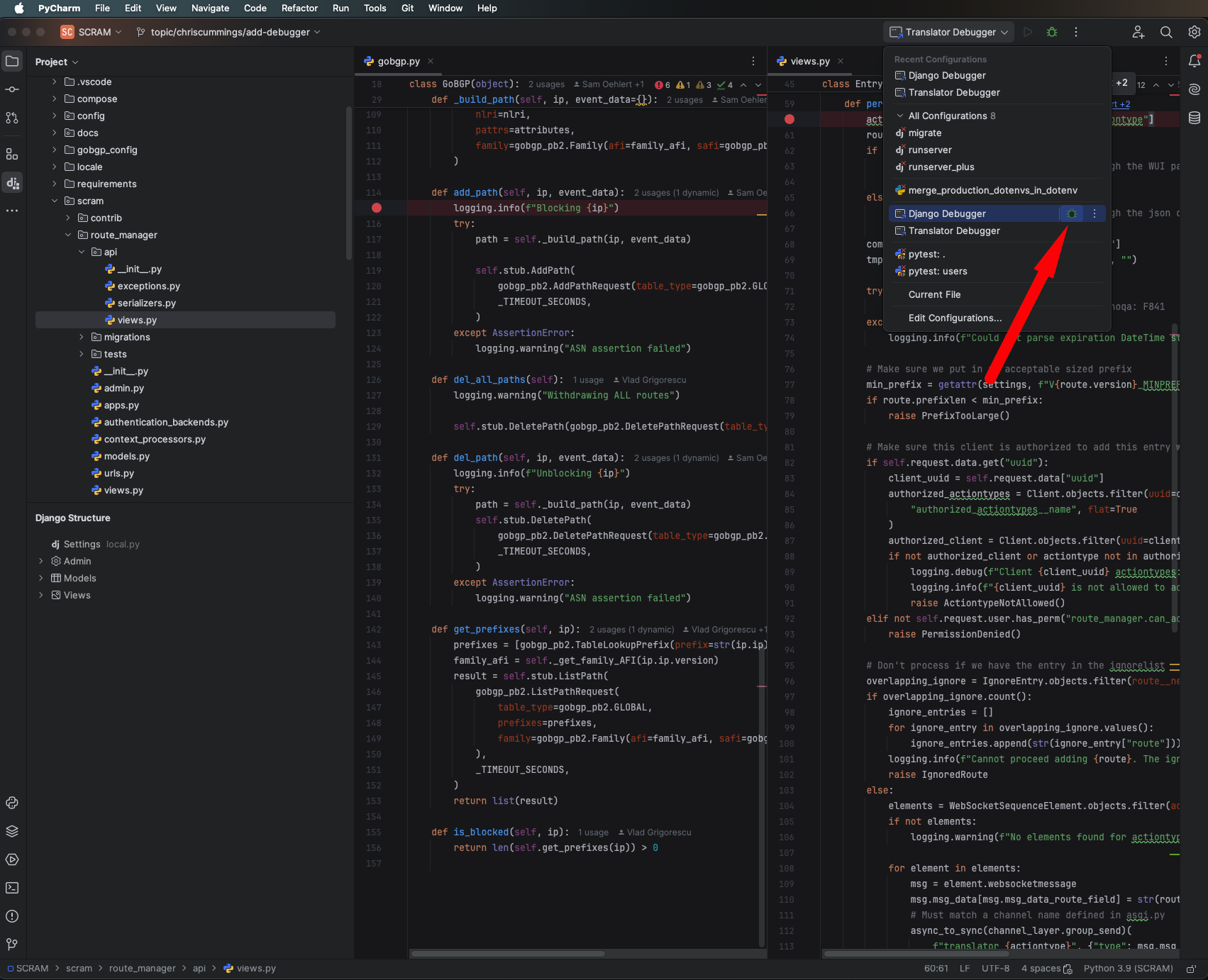An image showing a screenshot of pycharm with an arrow pointing towards the button that you click to start the debugger.