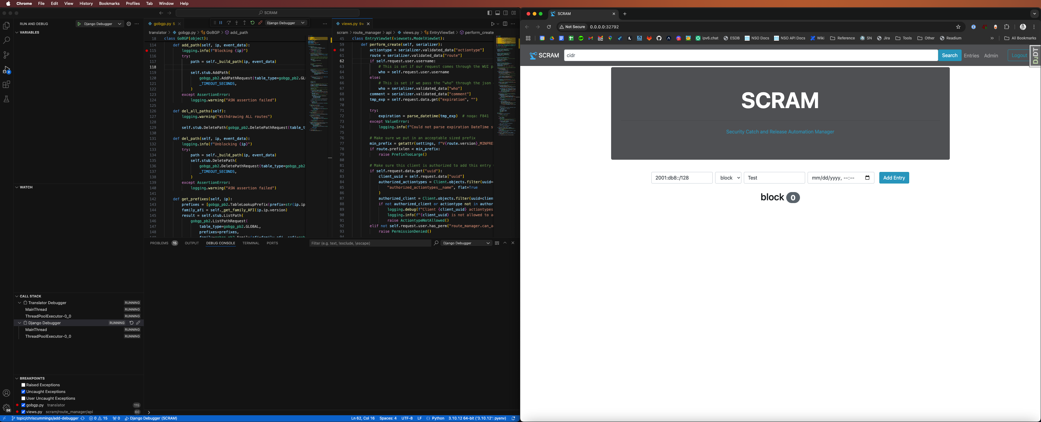 Screenshot of image showing VSCode debugger with two breakpoints set.