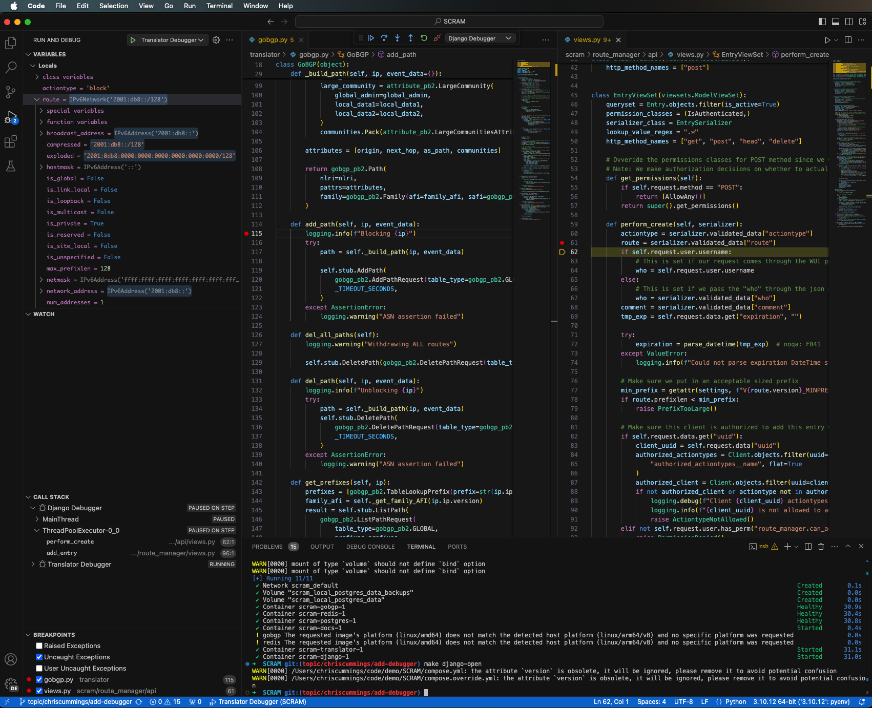 Screenshot of VSCode showing the route entry provided to the API EntryViewSet