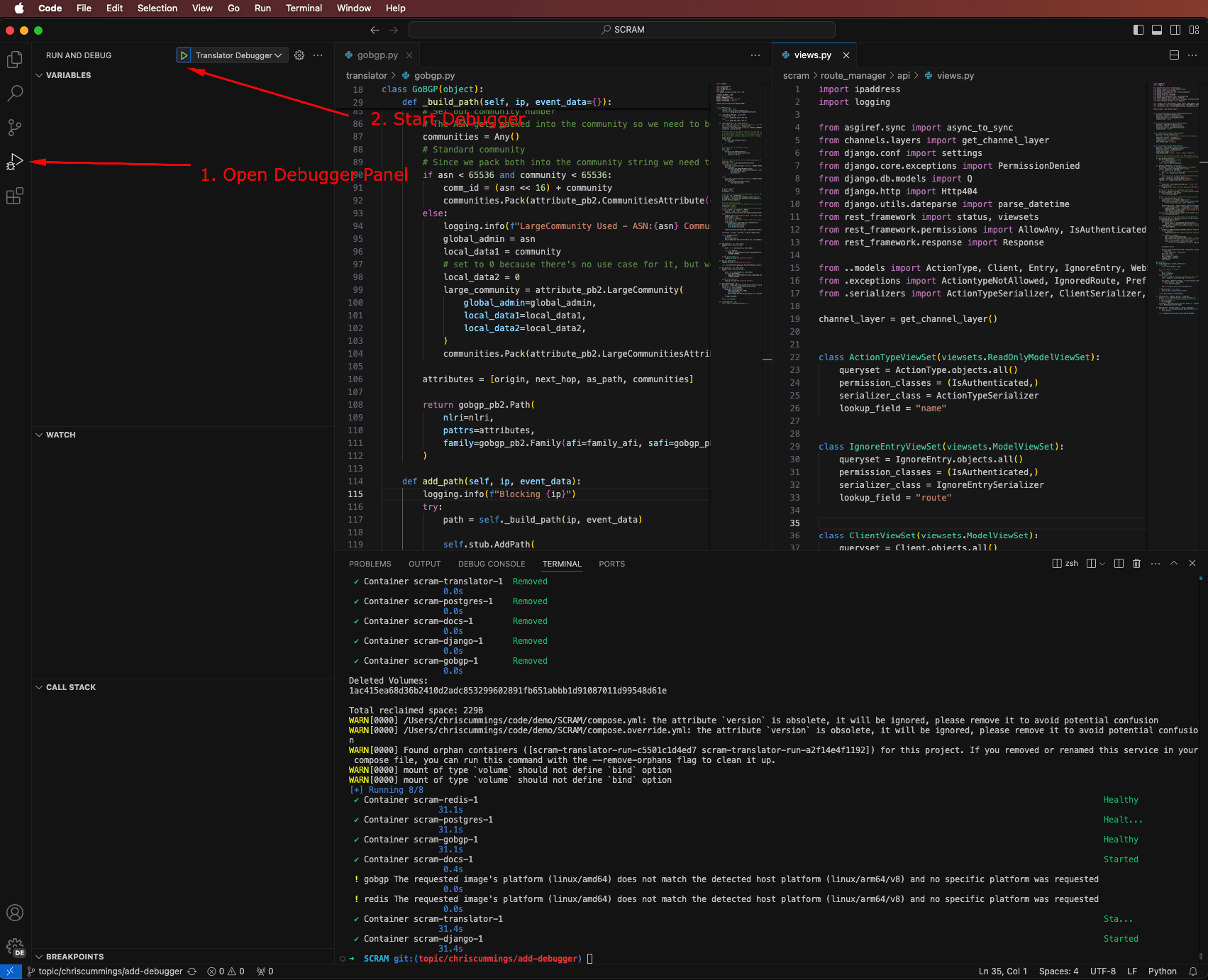 Screenshot showing VSCode and saying to open the debugger panel first, then start both provided debuggers.